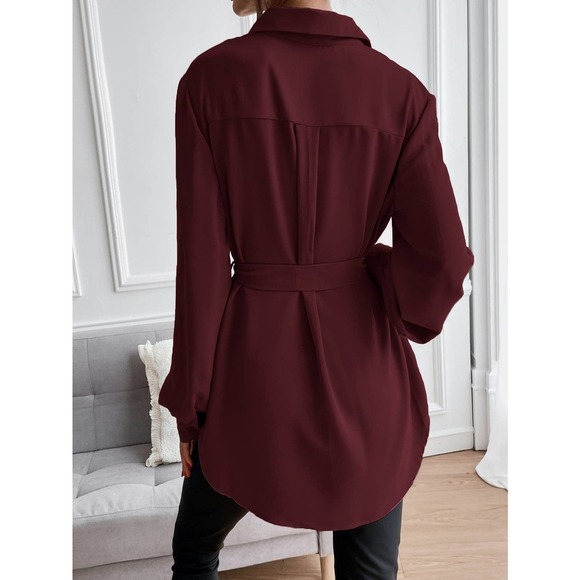 long sleeve Button down Belted tunic length Shirt tan - Picture 11 of 11